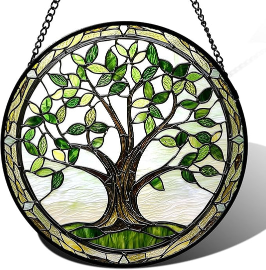 Stained Glass Window Hanging - Brown Tree Trunk Green Leaves Sun Catcher for Door Garden Home Decor Plant Suncatcher Christmas Mother's Day Birthday Gifts for Women Men Mom Nana 7.8 in
