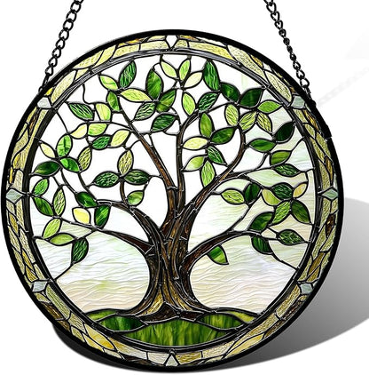 Stained Glass Window Hanging - Brown Tree Trunk Green Leaves Sun Catcher for Door Garden Home Decor Plant Suncatcher Christmas Mother's Day Birthday Gifts for Women Men Mom Nana 15 in