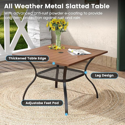 DIFY Outdoor Dining Table, Patio Square Metal Dining Table with 1.57" Umbrella Hole for 4 Person, Ideal for Poolside, Deck, Garden and Balcony, Walnut