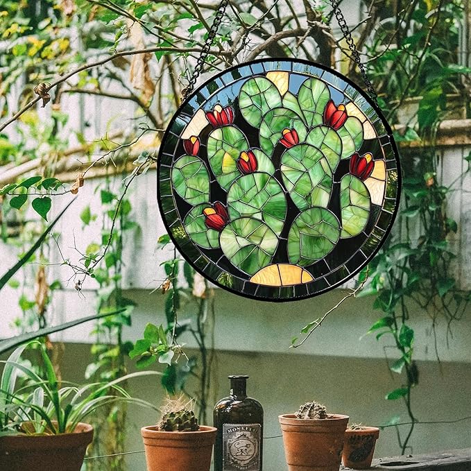 Stained Glass Window Hanging - Green Cactus Suncatcher for Doors Garden Patio Retro Plants Sun Catchers Decor Christmas Mother's Day Birthday Gifts for Women Men Mom Nana Friend 6.3 in