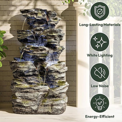 34.3" H Outdoor Water Fountain with LED Lights, 5-Tier Cascading Rock Waterfall for Yard, Garden, Patio, Outdoor Decor Water Features