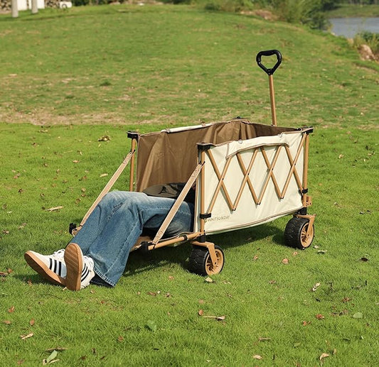 Whitsunday Collapsible Folding Wagon Heavy Duty Utility Beach Wagons with Opened Tailgate and All-Terrain Wheels for Camping,Garden,Sports Beige