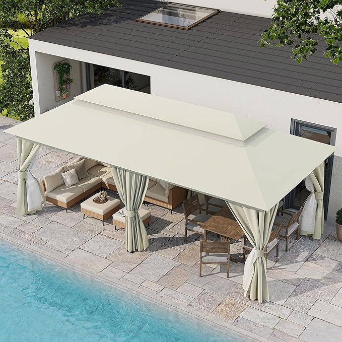 LAUSAINT HOME Outdoor Patio Gazebo 10'x20' with Expansion Bolts, Heavy Duty Party Tent & Shelter with Double Roofs, Mosquito Nettings and Privacy Screens for Backyard, Garden, Lawn, Cream White