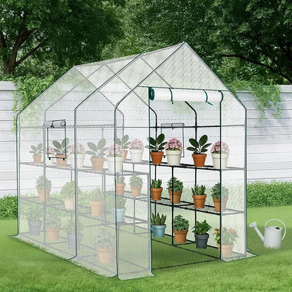 Outvita Walk-in Greenhouse, Outdoor Durable PE Plant Green House for Frost Protection with 3 Tiers 12 Shelves, Shelf Clips, Roll-up Zipper Door, 56"x85"x77" White