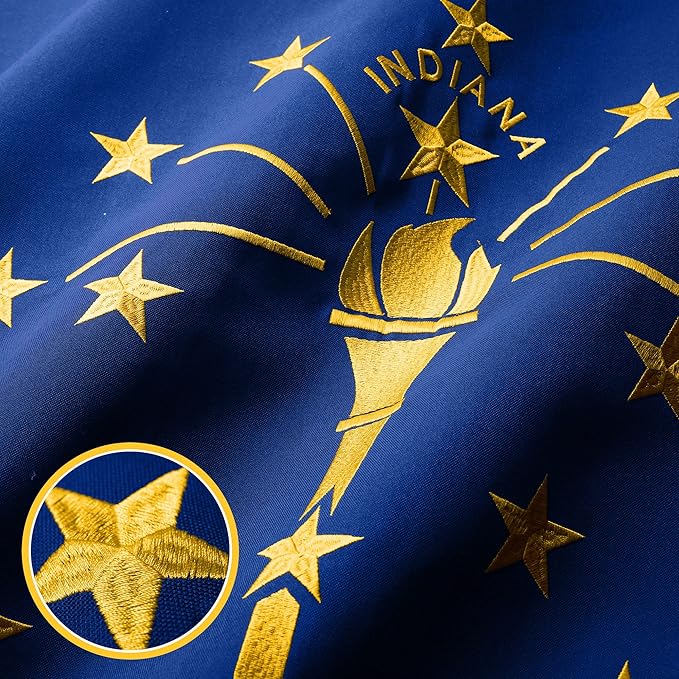 G128 Indiana State Flag | 5x8 Ft | StormFlyer Series Embroidered 220GSM Spun Polyester | Embroidered Design, Indoor/Outdoor, Brass Grommets, Heavy Duty, All Weather