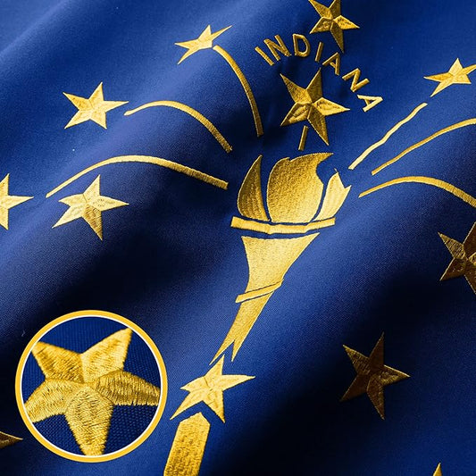 G128 Indiana State Flag | 5x8 Ft | StormFlyer Series Embroidered 220GSM Spun Polyester | Embroidered Design, Indoor/Outdoor, Brass Grommets, Heavy Duty, All Weather
