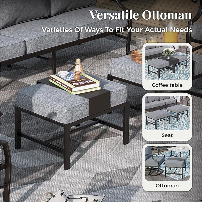 Patio Furniture Set 5 pcs, Outdoor Patio Furniture, 3-Seat Sofa, 2 Rocking Chairs, 2 Ottomans and 5.75" Extra Thick Cushion, Patio Conversation Set for Garden Backyard Deck,Grey