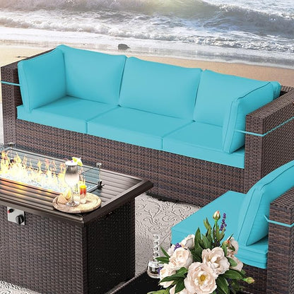 Outdoor Patio Furniture Set with Propane Fire Pit Table, 8 Pcs Outdoor Furniture Patio Sectional Sofas Conversation Sets w/ETL Approved 43" Gas Outdoor Fire Table & Coffee Table Turquoise