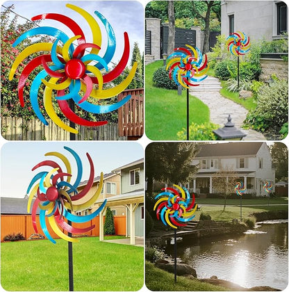 Colorful Kinetic Wind Spinner for Outdoor 13" W Metal Windmill Wind Sculptures with 5 Prong Stake, Easy to Rotate Metal Yard Art for Garden Patio Lawn Backyard Decor