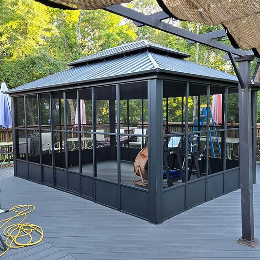 PURPLE LEAF 12' X 16' Solarium Sunroom with Light Permanent Hardtop Gazebo Galvanized Steel Double Roof Aluminum Outdoor Screen House for Lawn Deck Backyard Grey