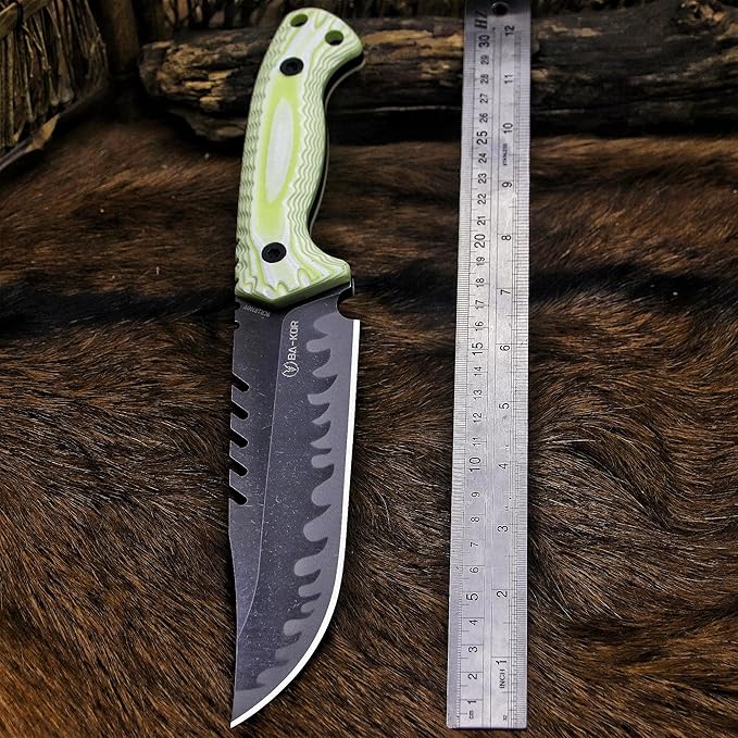 BA-KOR 12.4in Full Tang Fixed Blade Hunting Knife – 6mm 9CR18MoV Steel, G10 Handle, Stonewashed Sawback Blade with Kydex Sheath & Fire Starter for Outdoor, Camping, Survival (White with light green stripes)