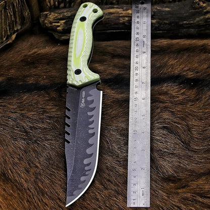 BA-KOR 12.4in Full Tang Fixed Blade Hunting Knife – 6mm 9CR18MoV Steel, G10 Handle, Stonewashed Sawback Blade with Kydex Sheath & Fire Starter for Outdoor, Camping, Survival (White with light green stripes)
