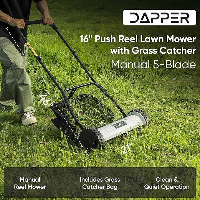16" Push Reel Lawn Mower with Grass Catcher – Manual 5-Blade Hand Mower, Adjustable 3-Position Cutting Height (0.5"–1.75"), Lightweight & Eco-Friendly – 1-Year Warranty