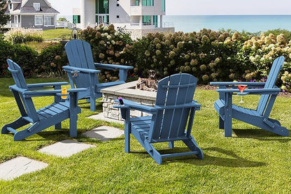 SERWALL Folding Adirondack Chair, HDPE Adirondack Chairs Set of 8, Plastic Outdoor Chairs- Looks Exactly Like Real Wood- Navy
