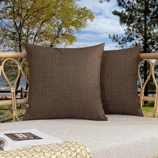 Kevin Textile Pack of 2 Outdoor Waterproof Pillow Covers Checkered Decorative Cushions Sham Throw Pillowcases Shell for Patio Tent Garden Couch Bed Sofa 22x22 Inch Brown