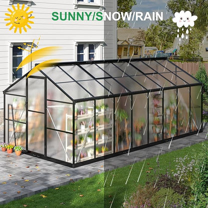 WKM 8x16 FT Greenhouse for Outdoors, Polycarbonate Greenhouse with Roof Vent and Quick Setup Structure, Aluminum Frame, Black