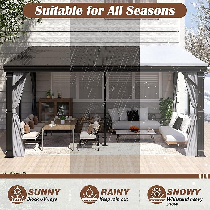 12' x 16' Hardtop Wall Mounted Gazebo, Lean to Gazebo with Galvanized Steel Roof Aluminum Frame Wall Gazebos Pergola with Netting&Curtains for Outdoor, Backyard, Patio