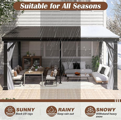 12' x 16' Hardtop Wall Mounted Gazebo, Lean to Gazebo with Galvanized Steel Roof Aluminum Frame Wall Gazebos Pergola with Netting&Curtains for Outdoor, Backyard, Patio