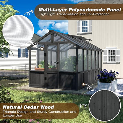 MUPATER 6' x 12' Walk-in Wooden Polycarbonate Greenhouse with Ventilated Window & Lockable Door, Multi-Layer PC Panels for UV Protection, Greenhouse Kit for Outdoor, Garden and Backyard, Black