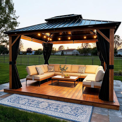 PURPLE LEAF 10' X 12' Hardtop Gazebo Outdoor Wood Grain Aluminum Frame Galvanized Steel Double Roof Gazebos with String Lights for Patio Deck Backyard Garden