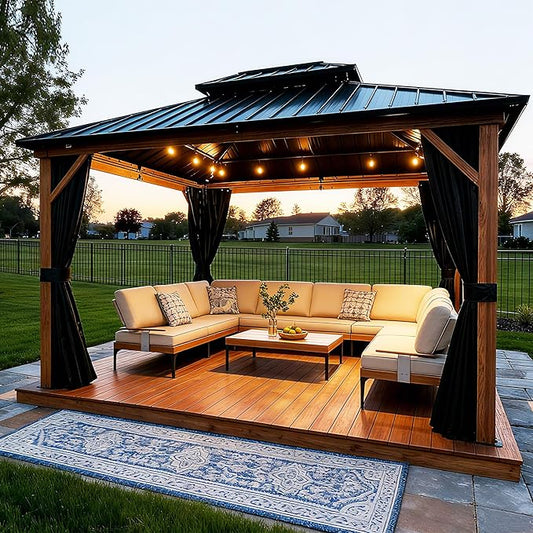 PURPLE LEAF 10' X 12' Hardtop Gazebo Outdoor Wood Grain Aluminum Frame Galvanized Steel Double Roof Gazebos with String Lights for Patio Deck Backyard Garden