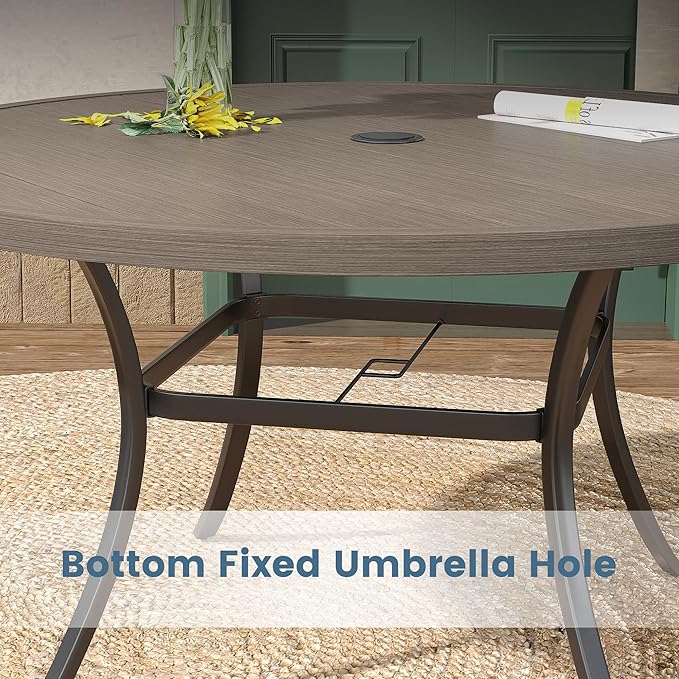 DIFY 60" Round Outdoor Patio Dining Table for 8-10, Metal Patio Table with 1.57" Adjustable Umbrella Hole, All-Weather Dining Furniture Table for Backyard Lawn Garden, Grey Wood-Like