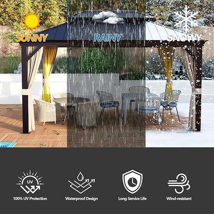 12' x 16' Outdoor Hardtop Gazebo Aluminum Frame with Double Metal Roof, Canopy Netting, Curtain, Patio Permanent Galvanized Steel Gazebo for Backyard, Garden, Party, Deck, Lawn
