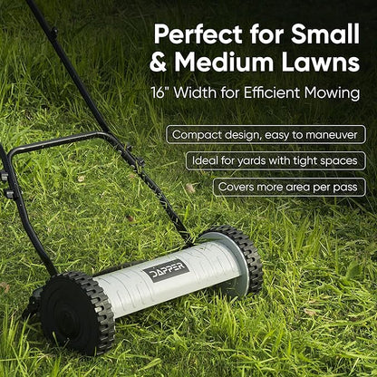 16" Push Reel Lawn Mower – Manual 5-Blade Hand Mower with Adjustable 3-Position Cutting Height (0.5"–1.75") – Lightweight, Eco-Friendly, Steel Blades – 2-Year Warranty