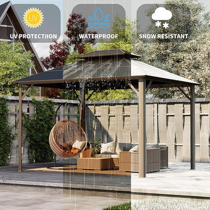 Kingdura Hardtop Gazebo 10'x10' with Double Polycarbonate Roof Canopy, Outdoor Gazebo with All-Weather Resistant Aluminum Frame Permanent Pavilion, UV Blocking for Patio Lawn Garden (Brown)