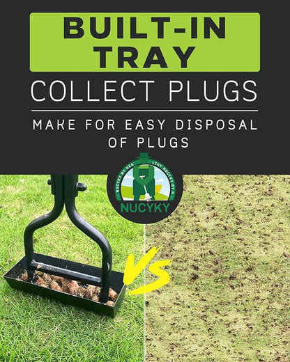 Lawn Aerator Coring Tool with Soil Core Tray, Manual Garden Plug Aerator for Grass Aeration, Yard Aerator & A Cleaning Tool for Compacted Soil, Lawn Care, 38”,Patented, Black Handle