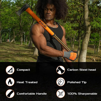 KSEIBI 36-Inch Splitting Axe - Forged Carbon Steel, Wood Splitter & Kindling Axe for Chopping, Heavy-Duty Maul with Ergonomic Fiberglass Handle, Shock Reduction, Anti-Slip Grip