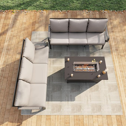 3 Pieces Outdoor Patio Conversation Sets with All Weather Cushions, Metal 2 Three-Seater Sofas, 1 Fire Pit Table for Backyard Deck Porch Poolside, Beige