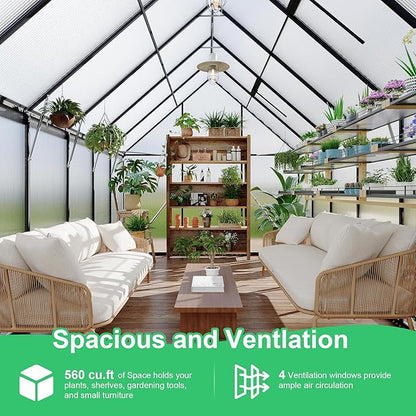 8 ft x12 ft Aluminum-Framed Polycarbonate Greenhouse, Heavy Duty Polycarbonate Greenhouse with Quick Setup Structure and Roof Vent, Large Enhanced Aluminum Green House Kit for Outdoors