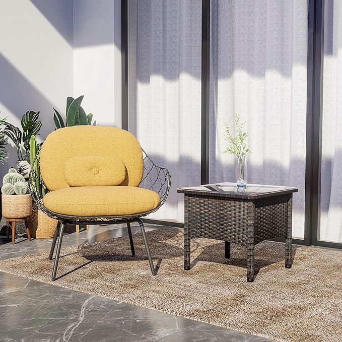 Outdoor PE Rattan Side Table, Modern Wicker Coffee End Table with Glass Top for Yard, Balcony, Garden or Livingroom, Brown