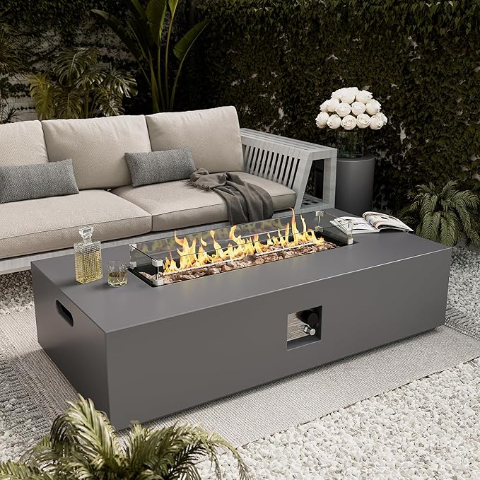 UPHA 56-inch Outdoor Propane Gas Fire Pit Table 50000 BTU Concrete Rectangle FirePit for Outside Patio with Propane Tank Cover, Wind Guad, Lava Rocks, Rain Cover, Grey