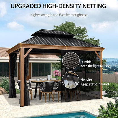 PURPLE LEAF 10' X 12' Outdoor Hardtop Gazebo for Patio Galvanized Steel Double Roof Permanent Canopy Teak Finish Coated Aluminum Frame Pavilion Gazebo with Netting