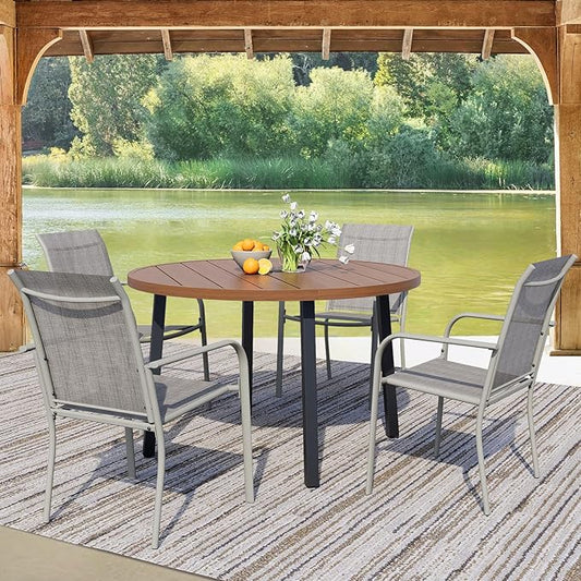 5 Pieces Round Dining Table Set for 4, Patio Dining Set Includes 4 Grey Stackable Patio Chairs and 1 Walnut Round Table, Patio Furniture Sets with Sling Support for Outside, Garden