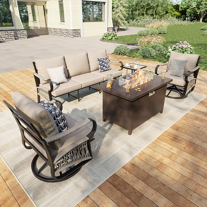 5 Pieces Outdoor Patio Conversation Sets with All Weather Cushions, Metal 3-Seater, 2 Swivel Rockers, 1 Side Tables, 1 Fire Pit Table for Backyard Deck Porch Poolside, Beige