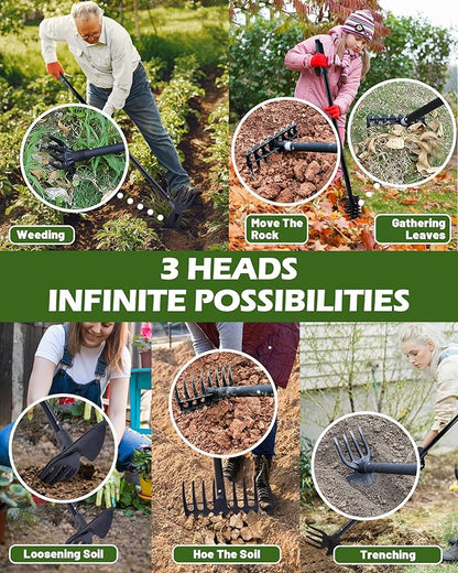 5-in-1 Garden Hoe - Adjustable 37" to 50" Handle, 5 Tool Heads, Heavy-Duty Weeding, Cultivating, and Raking Tool for Gardening, Camping, and Outdoor Use