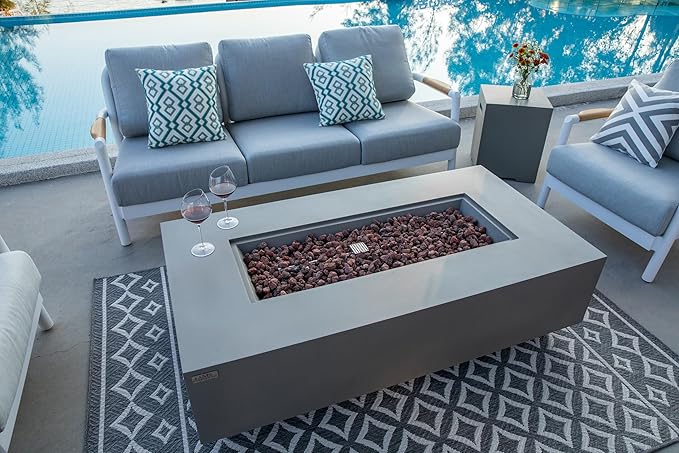 AMS Creations | Madison 60" Rectangular Natural Gas Outdoor Fire Pit Table | Light Gray Concrete GFRC | Smooth Texture or Surface | Electronic Ignition | Outside Backyard Fireplace