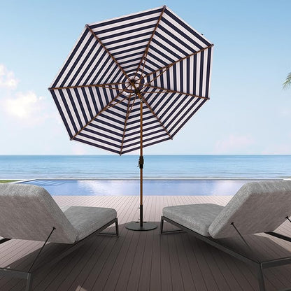 Midtown Umbrellas The Wooden 2-10 Feet Large Patio Umbrella, Terylast Navy & White Stripes Fabric, Aluminum Frame For Backyard Umbrella, Deck Umbrella, Garden Umbrella & Pool Umbrella - Wooden Pole
