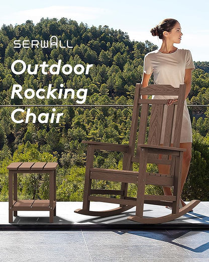 SERWALL Oversized Rocking Chair Outdoor, HDPE Outdoor Rocking Chair, Coffee
