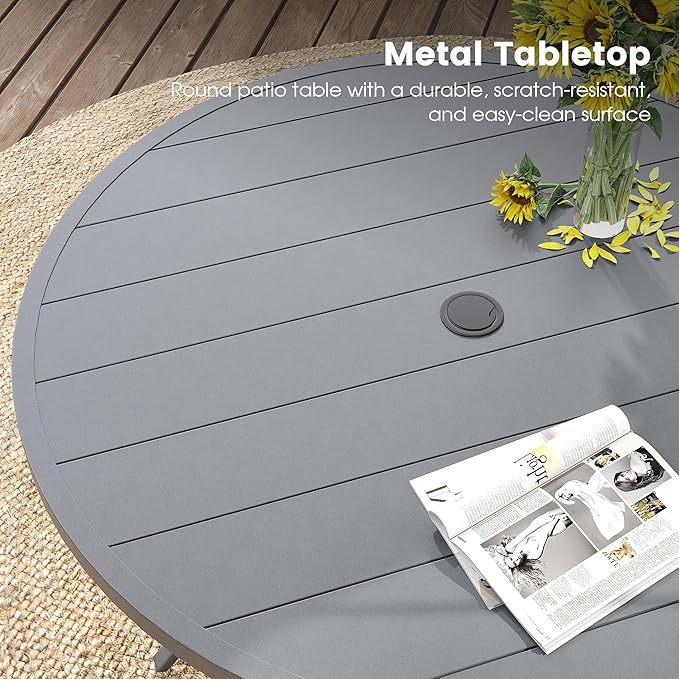 DIFY 60" Round Outdoor Patio Dining Table for 8-10, Metal Patio Table with 1.57" Adjustable Umbrella Hole, All-Weather Dining Furniture Table for Backyard Lawn Garden, Grey