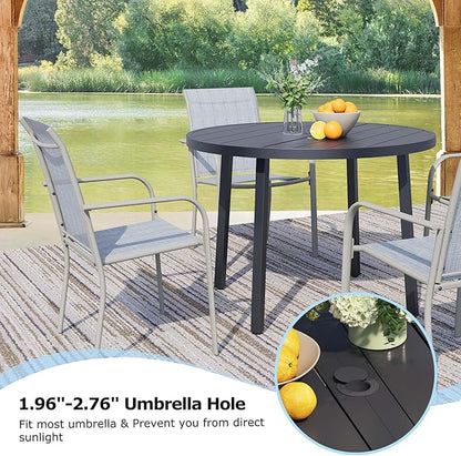 5 Pieces Round Dining Table Set for 4, Patio Dining Set Includes 4 Beige Blue Stackable Patio Chairs and 1 Black Round Table, Patio Furniture Setss with Sling Support for Outside, Garden