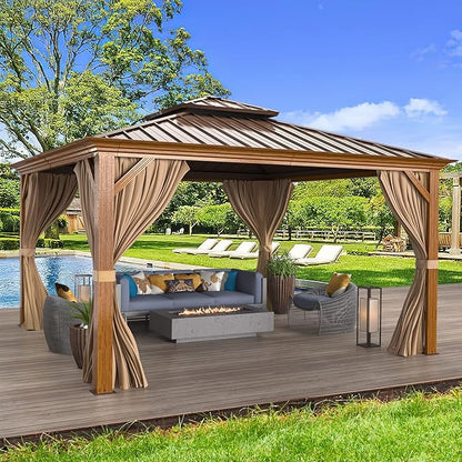 MELLCOM 12'x12' Hardtop Gazebo, Wood Grain Aluminum Frame Outdoor Gazebo with Double Galvanized Steel Roof, Permanent Metal Pavilion with Curtains and Nettings for Patio, Backyard, Deck and Lawns
