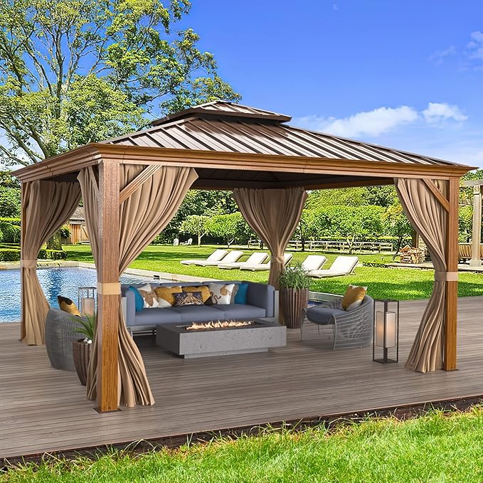 MELLCOM 12'x12' Hardtop Gazebo, Wooden Finish Coated Aluminum Frame Canopy with Galvanized Steel Roof, Outdoor Metal Gazebos with Curtains and Nettings for Patio, Backyard, Deck and Lawns