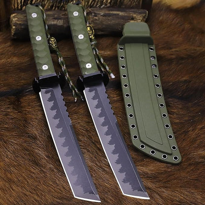 BA-KOR 15.8in Full Tang Japanese Style Outdoor Knife –8mm DC53 Steel, Nylon Fiber Handle &Sheath, Hunting Survival Knife+(5.9in) cerium igniter (Green handle and black blade (8mm))