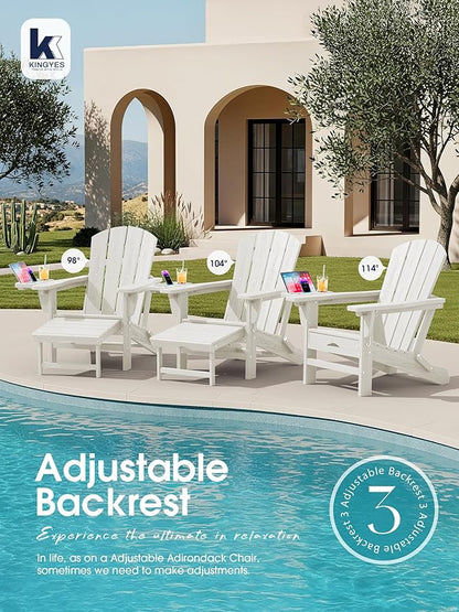 KINGYES Adjustable Folding Adirondack Chair with Footrest & 4-in-1 Multi-Functional Armrest Organizer Set of 4, HDPE Foldable Reclining Adirondack Chair with Pull-Out Ottoman, White
