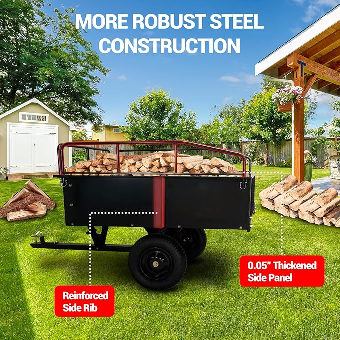 Heavy Duty Steel Dump Cart with 900 Lbs Capacity Utility Garden Trailer, Removable Sides, Tilt Bed, Foot-Operated Dump, 15 Cu Ft, Flatbed Dolly Gardening Cart with Tow Handle, TC002