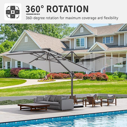 10' X 10' Cantilever Patio Umbrella Outdoor with Base Included Heavy Duty Double Top Windproof Square Offset Umbrellas with 360-degree Rotation for Pool Deck Backyard, Foggy Grey